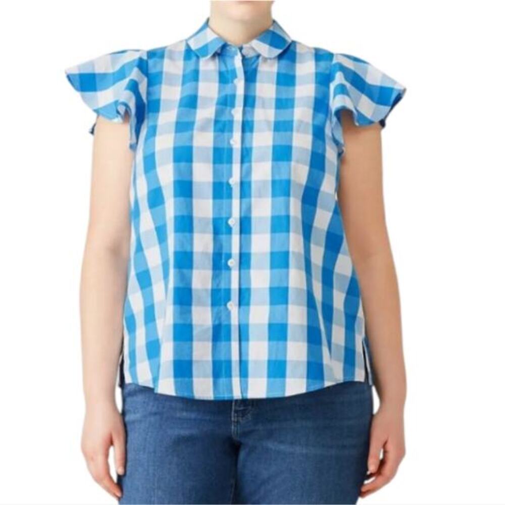 Draper James X ELOQUII Parton Check Blue White Flutter Sleeve Shirt Plus Size 18